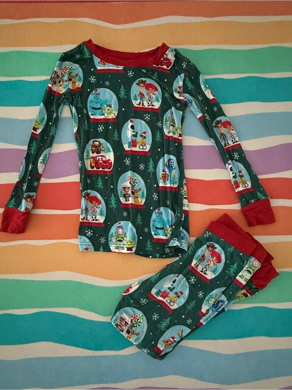 Disney Green Pajama Set with Red Trim and Snow Globe Print